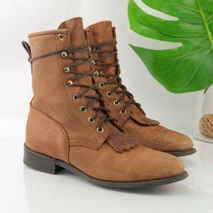 Justin VTG Conductor Boot Women Size 9 Brown Leather Western Kiltie Roper LaceUp